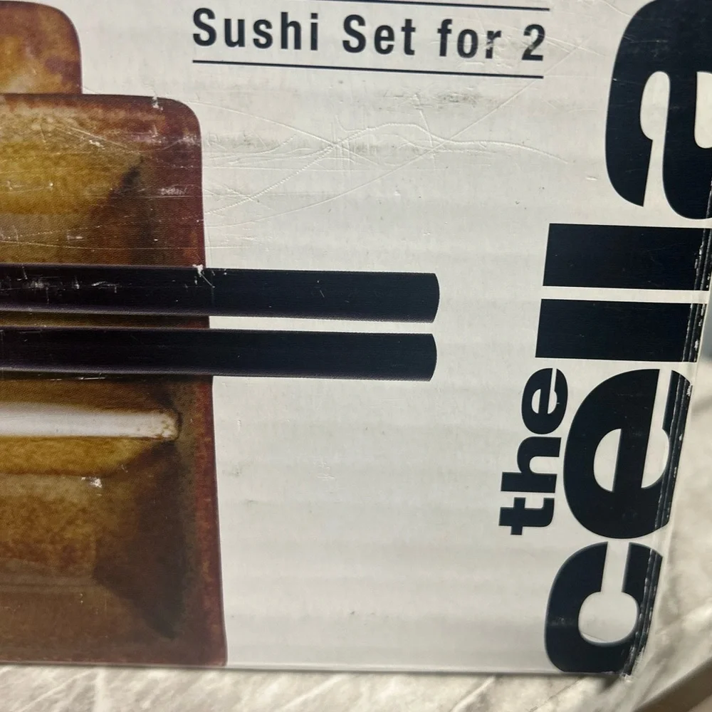 NWT The Cellar Set of Two Brown and Yellow Sushi Plates with Chopsticks